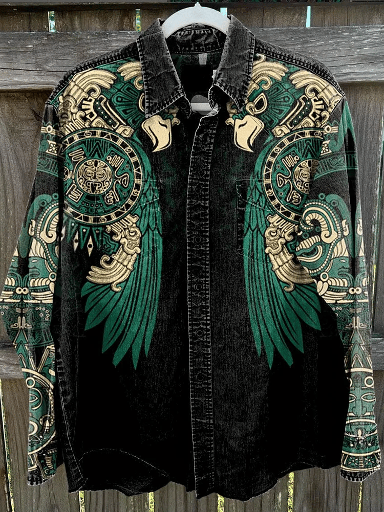 Men's Vintage Textured Western Denim Print Long Sleeve Shirt