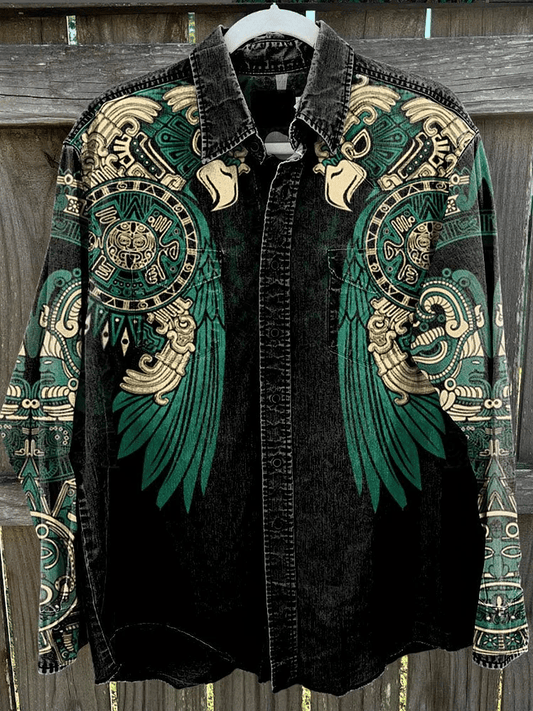 Men's Vintage Textured Western Denim Print Long Sleeve Shirt