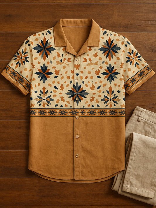 Men's Retro Casual Short Sleeve Faux Linen Cuban Collar Shirt