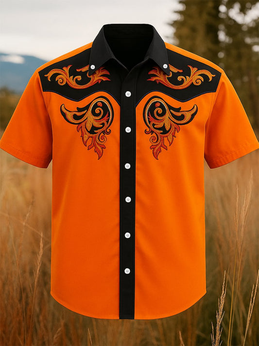 Men's 100% Cotton Western Short Sleeve Button-Down Lapel Shirt