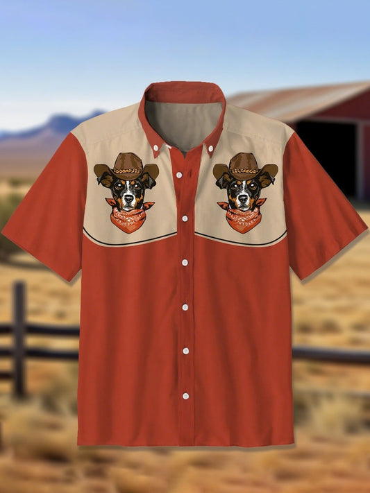 Men's 100% Cotton Western Short Sleeve Button-Down Lapel Shirt