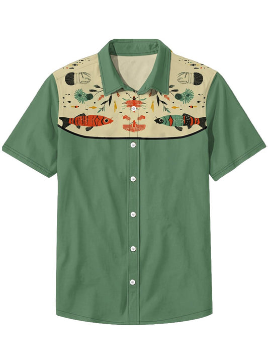 Men's Lapel Insect Fish Bird Animal Denim Western Style Short Sleeve Shirt