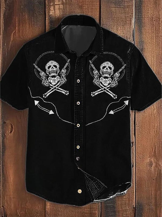 Men's Retro Western Skull Graphic Casual Short Sleeve Shirt