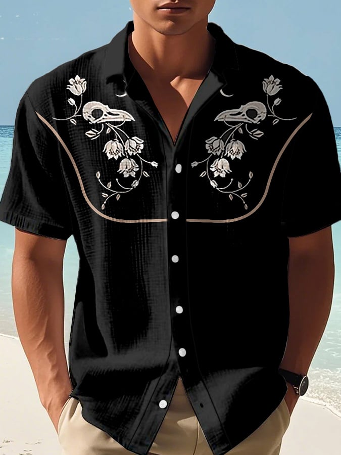Men's Retro Western Contrast Design Printed Casual Waffle Shirt