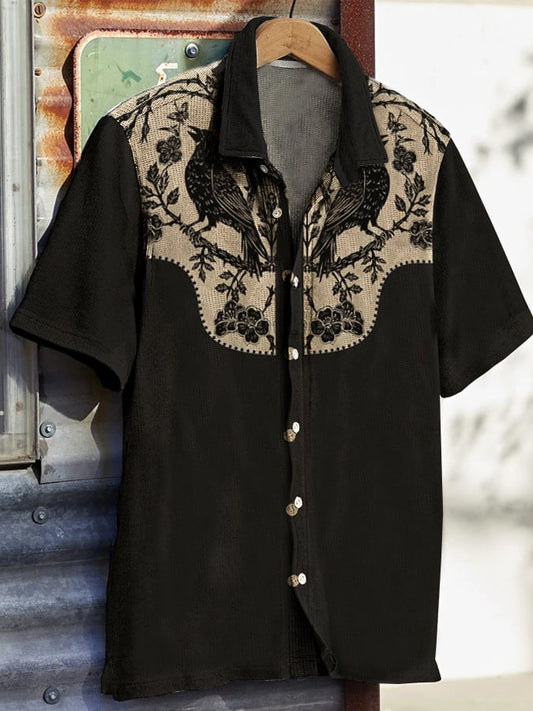 Men's Western Vintage Print Waffle Short Sleeve Shirt