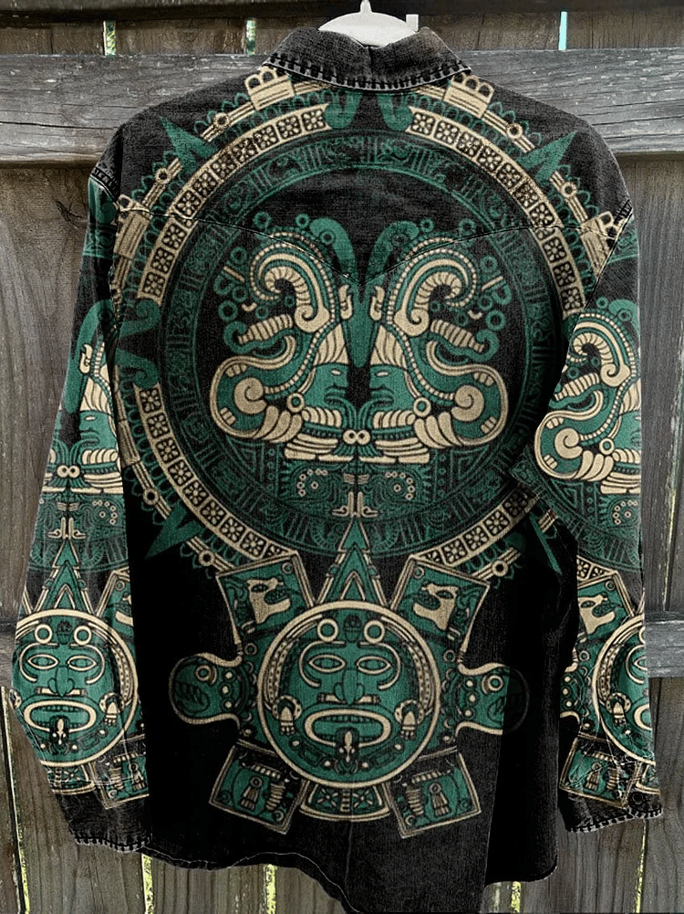 Men's Vintage Textured Western Denim Print Long Sleeve Shirt