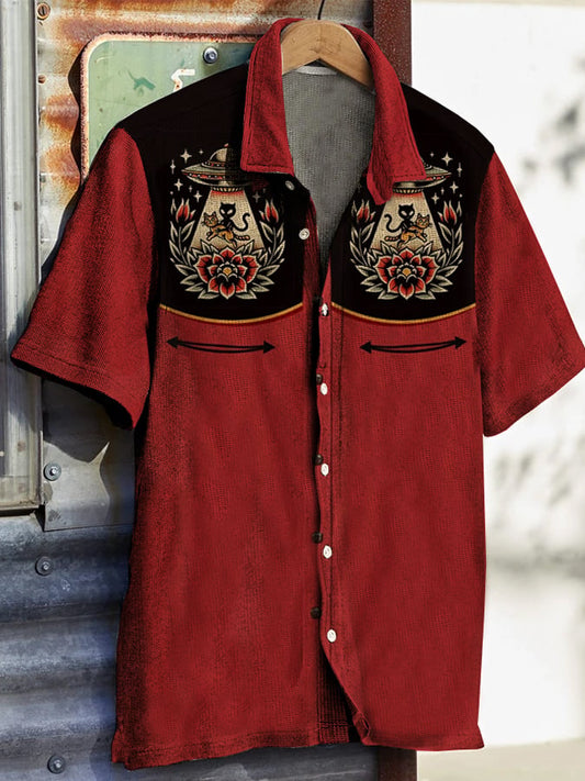 Men's Western Vintage Print Waffle Short Sleeve Shirt