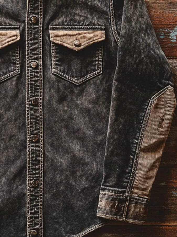 Men's Vintage Distressed Twill Double Pocket Short Sleeve Shirt