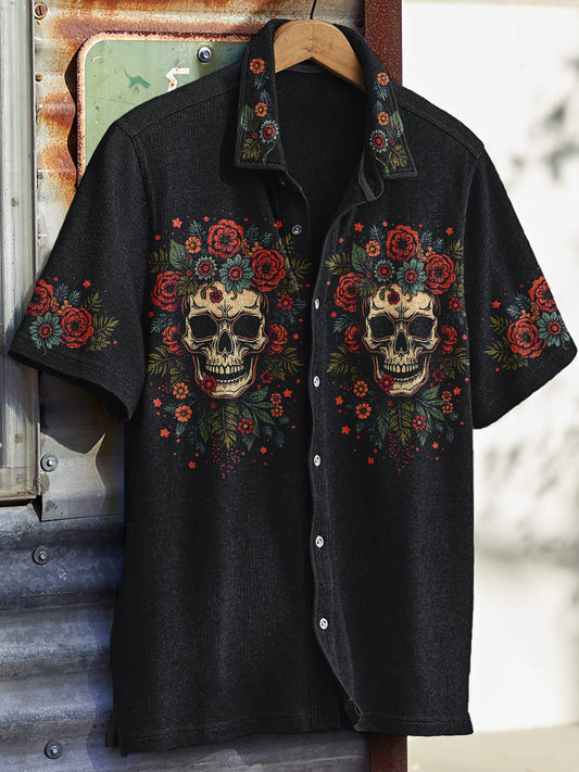 Men's Western Vintage Print Waffle Short Sleeve Shirt