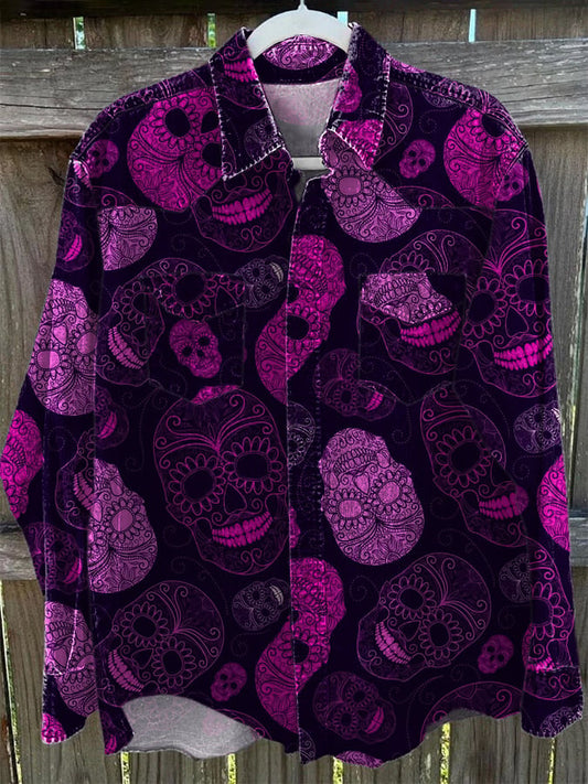 Men's Vintage Western Skull Print Casual Sleeve Shirt