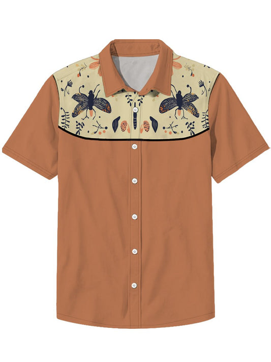 Men's Lapel Insect Fish Bird Animal Denim Western Style Short Sleeve Shirt