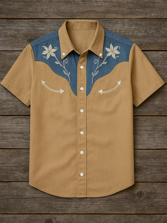 Men's 100% Cotton Western Short Sleeve Button-Down Lapel Shirt