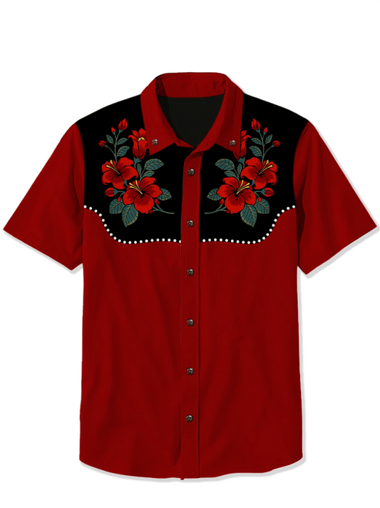Men's cotton and linen western short-sleeved shirt