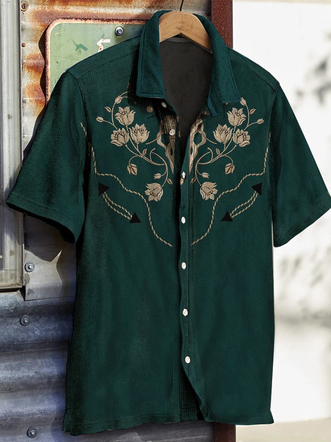 Men's Western Vintage Print Waffle Short Sleeve Shirt