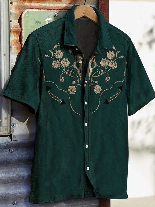 Men's Western Vintage Print Waffle Short Sleeve Shirt