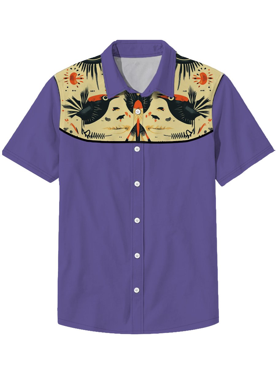 Men's Lapel Insect Fish Bird Animal Denim Western Style Short Sleeve Shirt