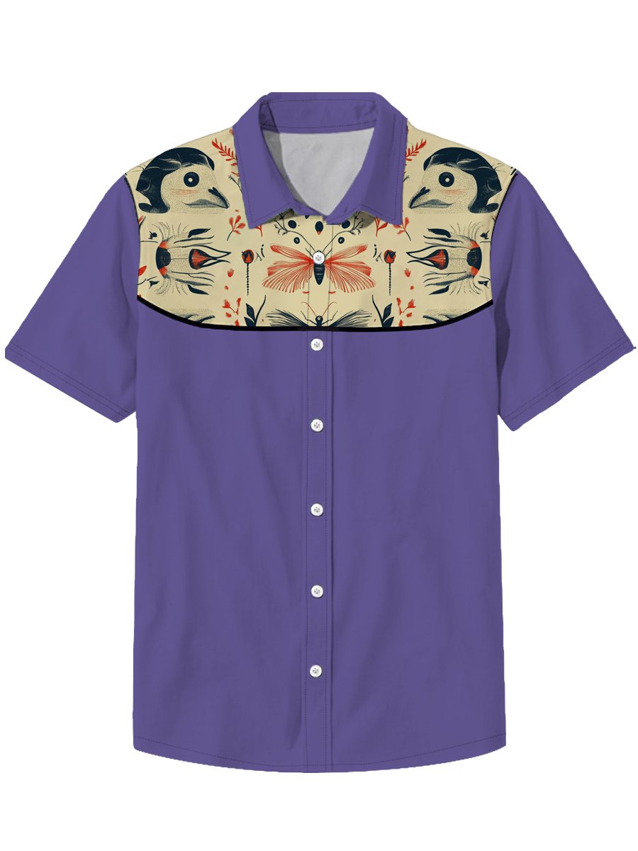Men's Lapel Insect Fish Bird Animal Denim Western Style Short Sleeve Shirt