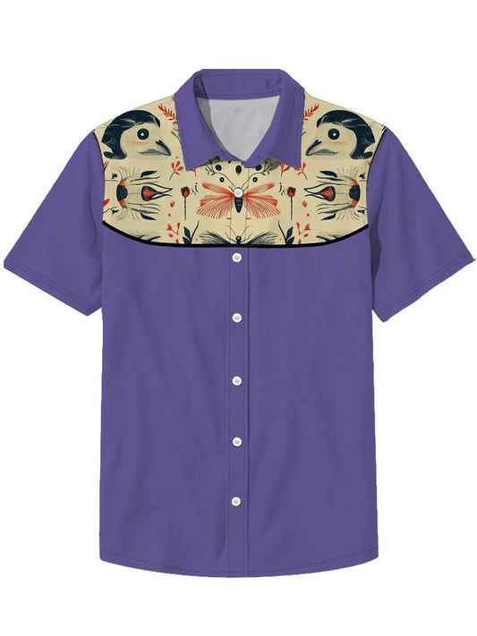 Men's Lapel Insect Fish Bird Animal Denim Western Style Short Sleeve Shirt