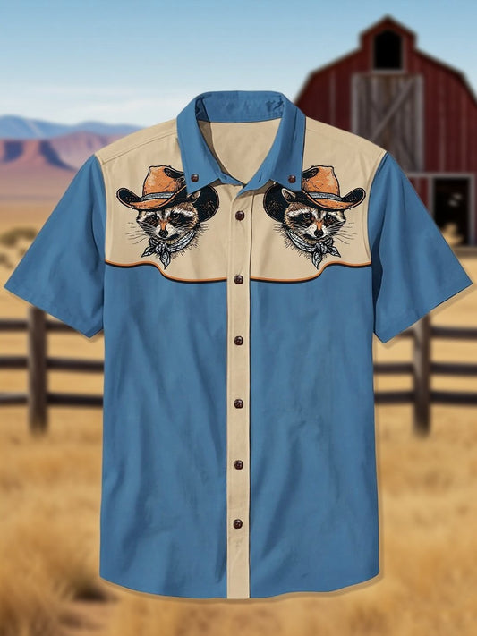 Men's 100% Cotton Western Short Sleeve Button-Down Lapel Shirt