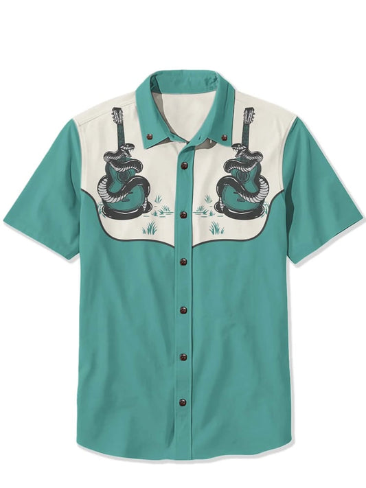 Men's cotton and linen green western short-sleeved shirt