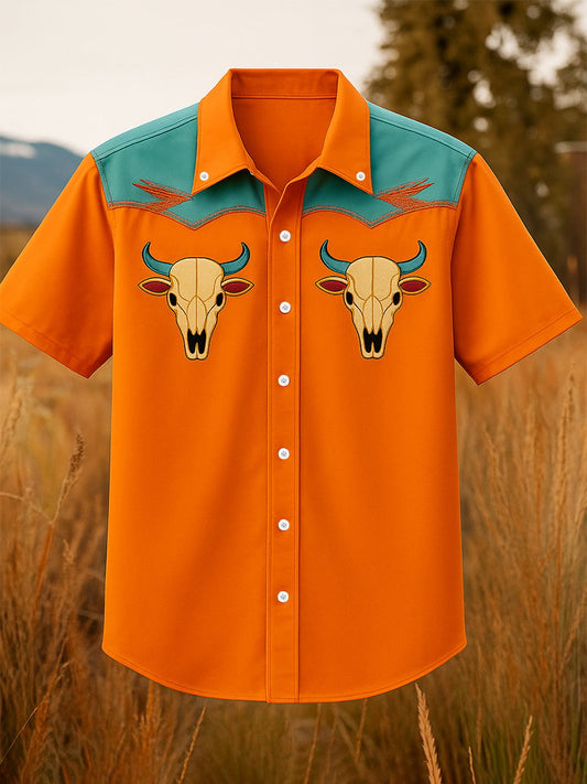 Men's 100% Cotton Western Short Sleeve Button-Down Lapel Shirt