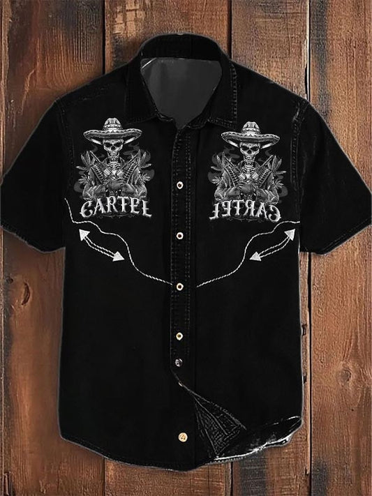 Men's Retro Western Skull Graphic Casual Short Sleeve Shirt