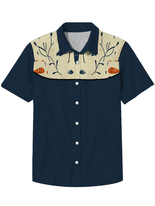 Men's Lapel Insect Fish Bird Animal Denim Western Style Short Sleeve Shirt