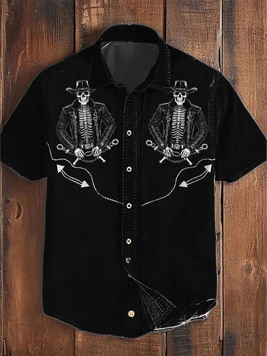 Men's Retro Western Skull Graphic Casual Short Sleeve Shirt