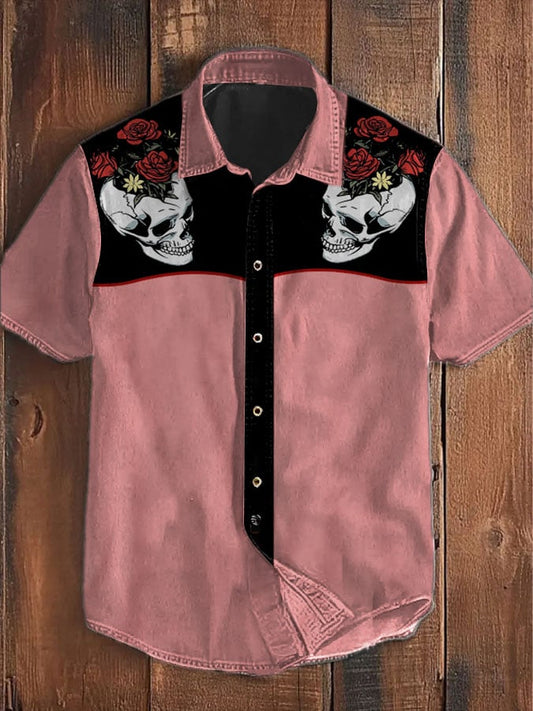 Men's Retro Western Skull Graphic Casual Short Sleeve Shirt