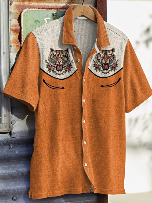Men's West Skull Cowboy Tiger Flower Print Short Sleeve Shirt