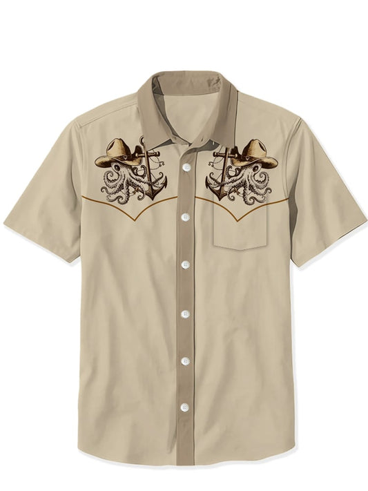Men's Cotton and Linen Western Octopus Cowboy Print Short Sleeve Shirt