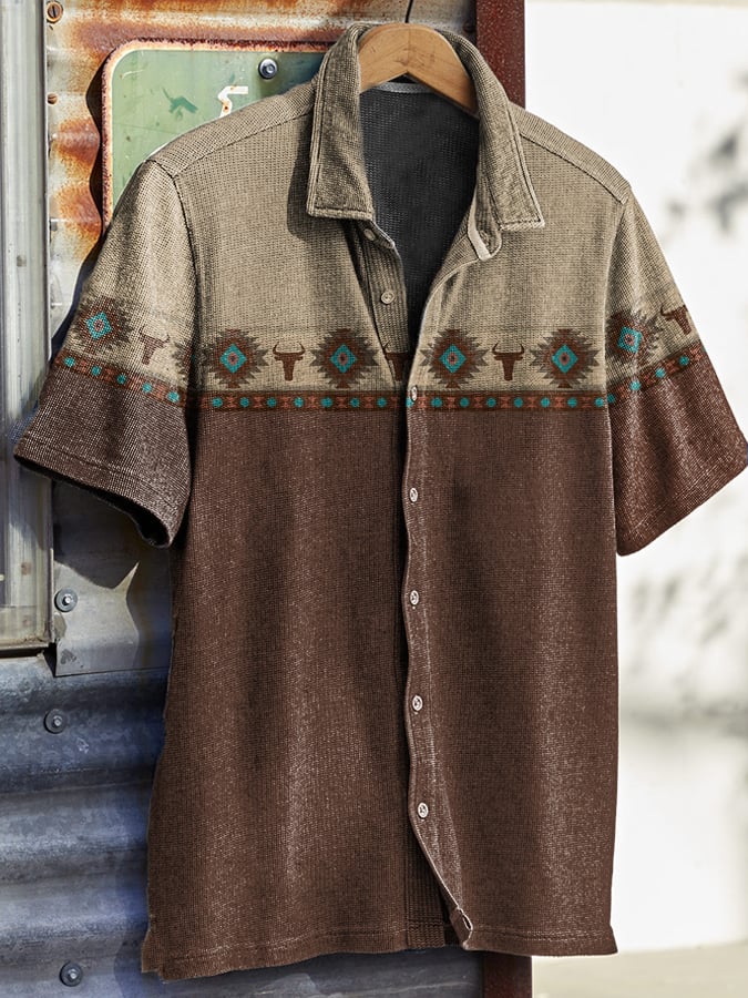 Men's Vintage Western Skull Floral Print Waffle Shirt