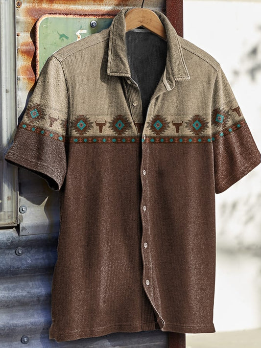 Men's Vintage Western Skull Floral Print Waffle Shirt