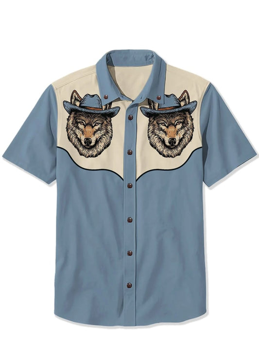Men's Cotton Linen Haze Blue Western Short Sleeve Shirt