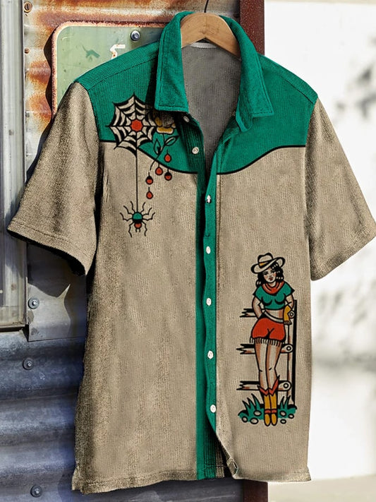 Men's Western Vintage Print Waffle Short Sleeve Shirt