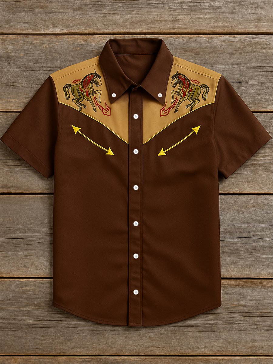 Men's 100% Cotton Western Short Sleeve Button-Down Lapel Shirt