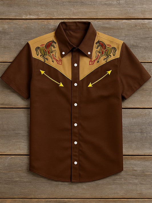 Men's 100% Cotton Western Short Sleeve Button-Down Lapel Shirt