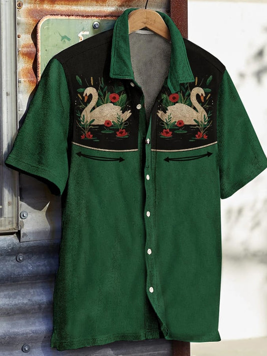 Men's Western Vintage Print Waffle Short Sleeve Shirt