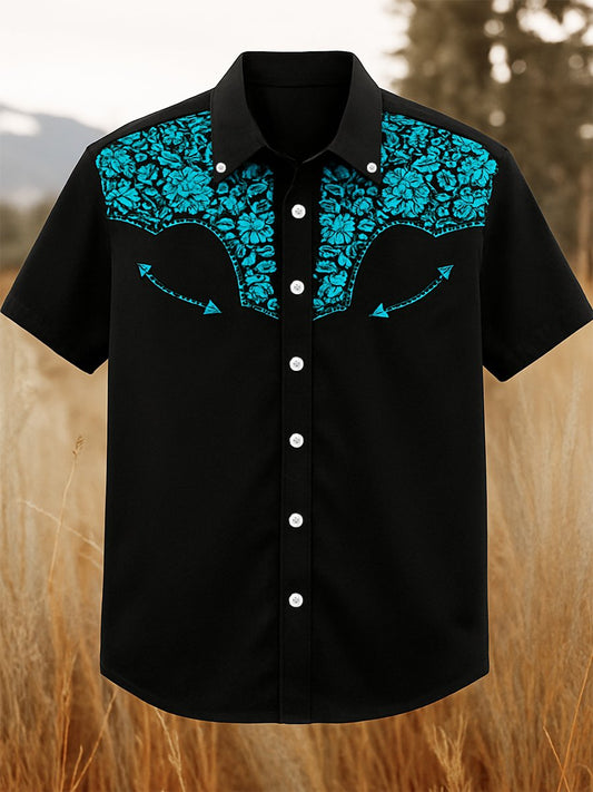 Men's 100% Cotton Western Short Sleeve Button-Down Lapel Shirt