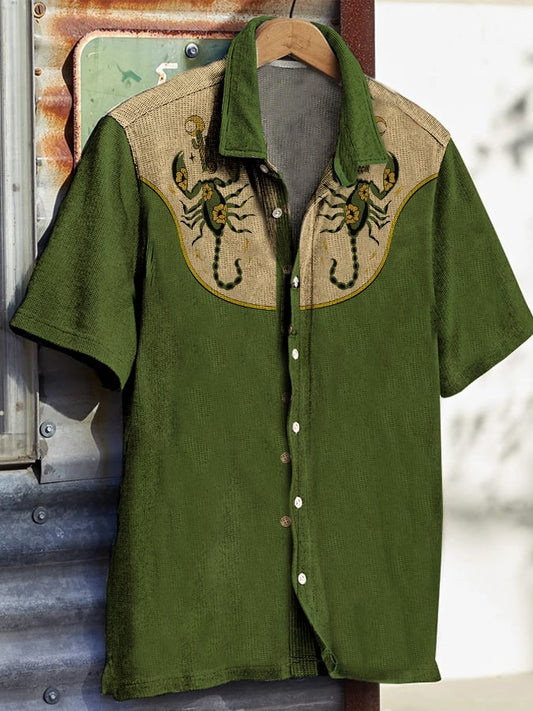 Men's Western Vintage Print Waffle Short Sleeve Shirt