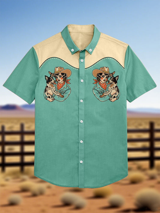 Men's 100% Cotton Western Short Sleeve Button-Down Lapel Shirt