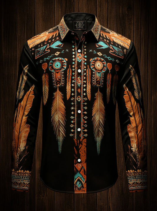 Men's Western Vintage Indian Totem Print Long Sleeve Shirt
