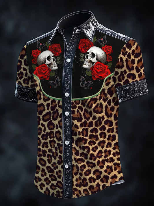 ⚡⚡Buy 2 Get 10% Off⚡⚡Men's Retro Western Skull Leopard Print Short Sleeve Shirt
