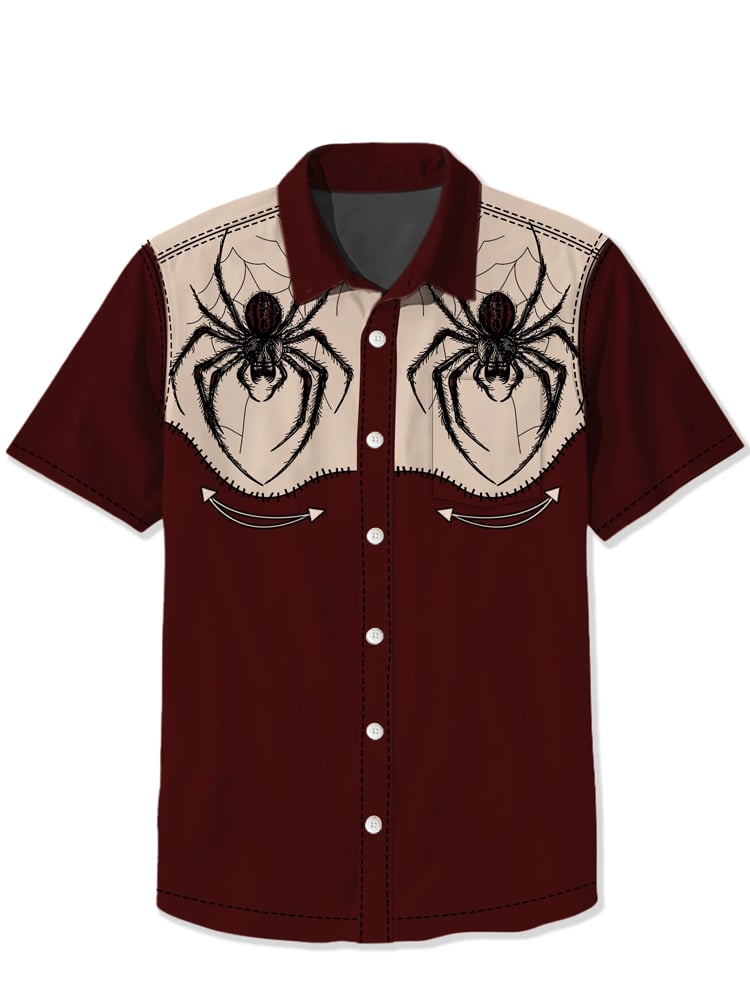 Men's Cotton and Linen Spider Print Short Sleeve Shirt