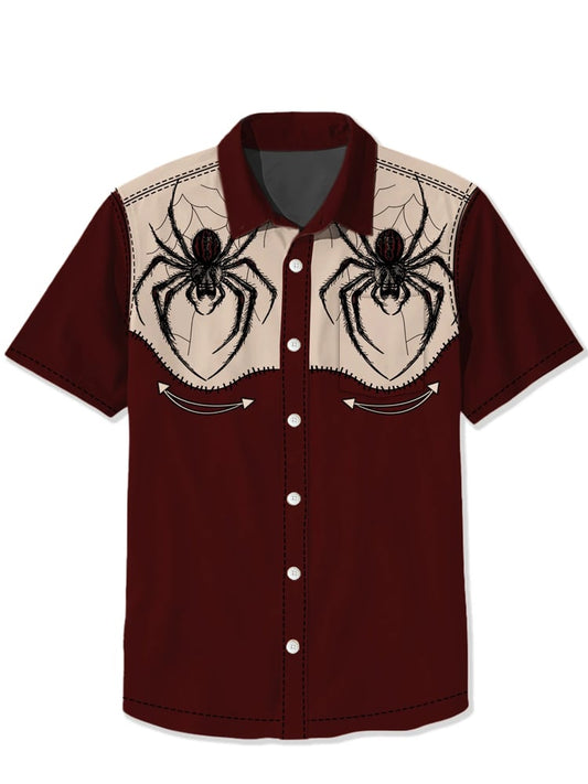 Men's Cotton and Linen Spider Print Short Sleeve Shirt