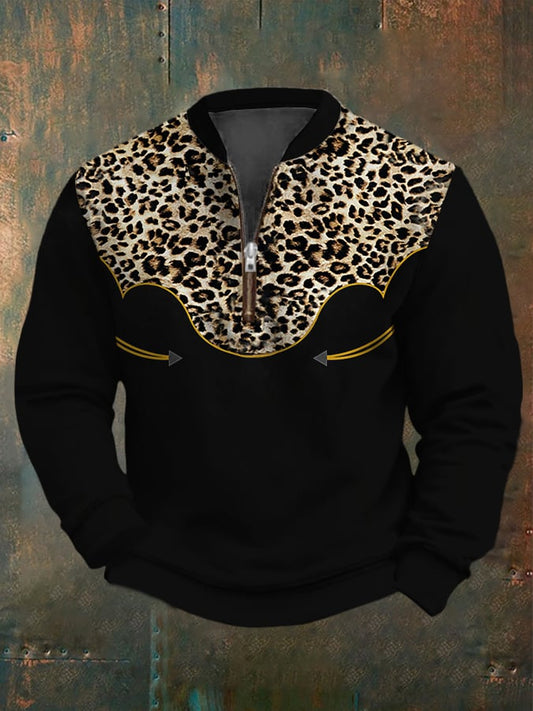 Men's Retro Western Contrast Print Long Sleeve Casual Zip Collar Sweatshirt