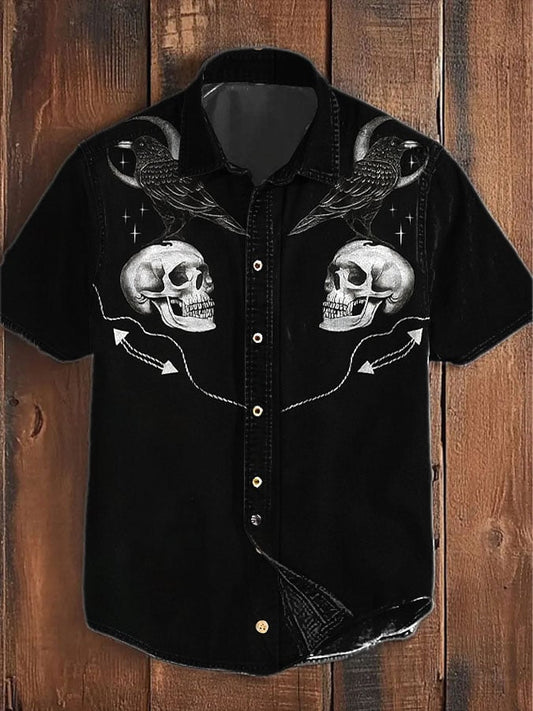 Men's Retro Western Skull Graphic Casual Short Sleeve Shirt