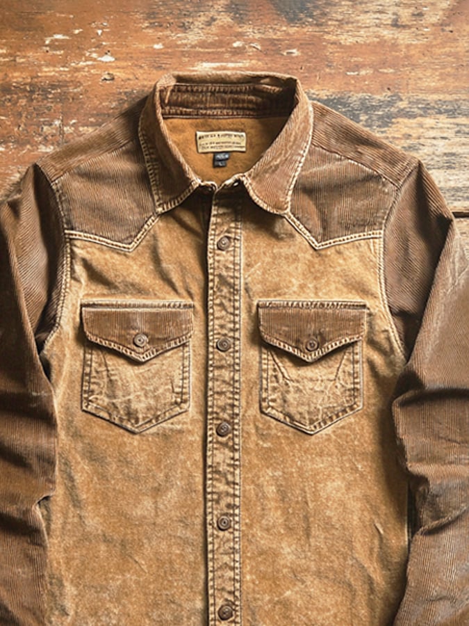 Men's Vintage Distressed Twill Double Pocket Short Sleeve Shirt