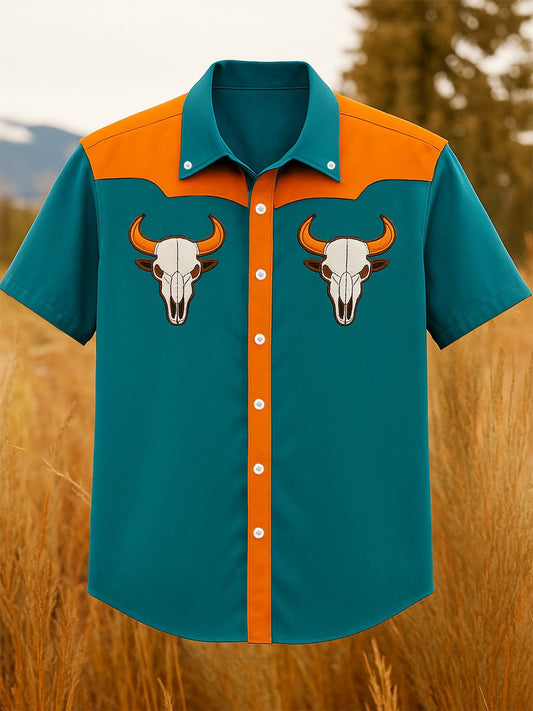 Men's 100% Cotton Western Short Sleeve Button-Down Lapel Shirt