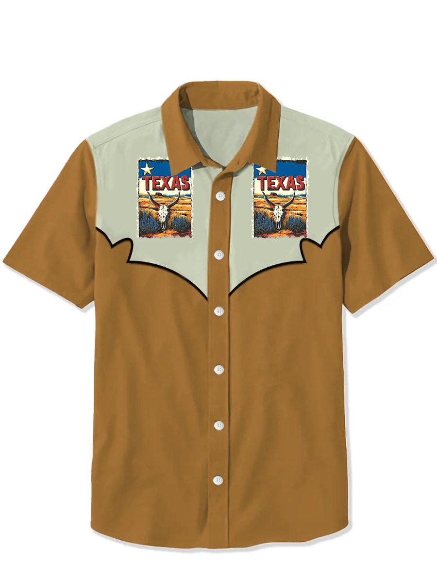 Men's Western Casual (Texas Print) Lapel Short Sleeve Shirt